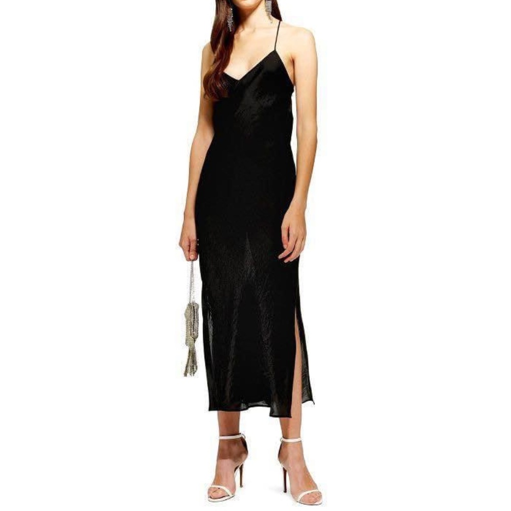 BRAND NEW women topshop plain satin black dress size US 2 (with side slits)